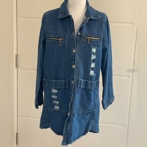 *****Stylish Long Blue Denim Jacket with Distressed Accents